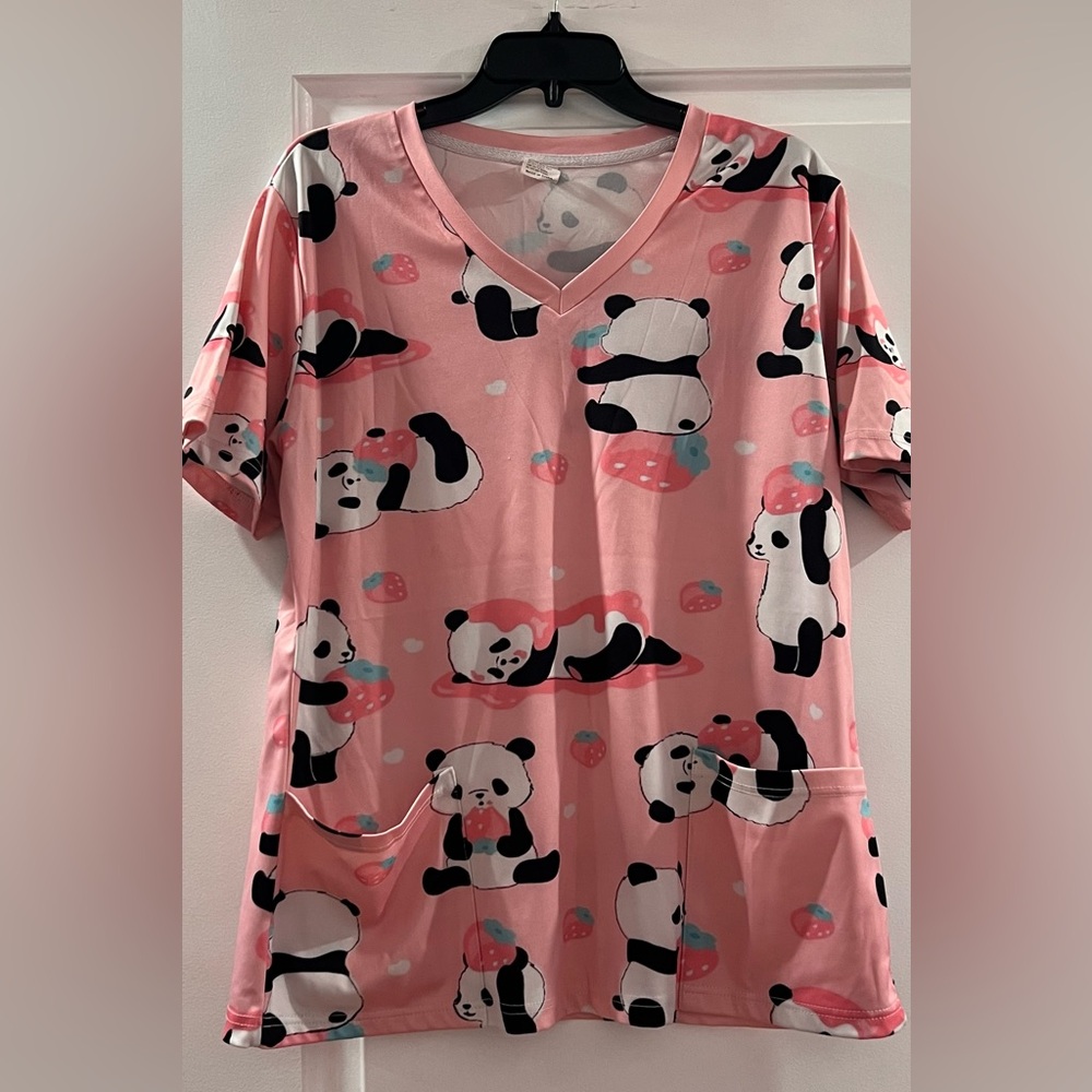 Adorable Pink Panda Scrub Top